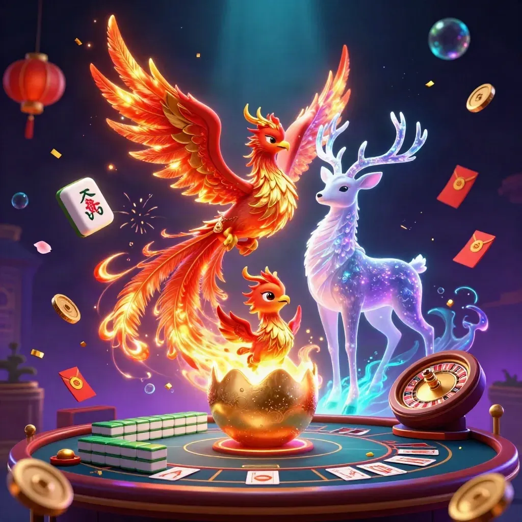 Phoenix, hatching egg and crystal stag amid casino magic, coins, lanterns and neon glow.