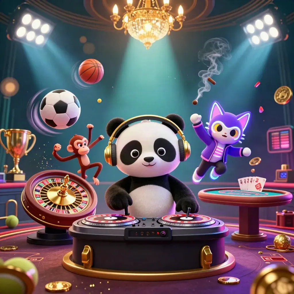 DJ panda, breakdancing monkey, and glow-stick kitten in luxe casino chaos with sports balls and glowing gold accents.