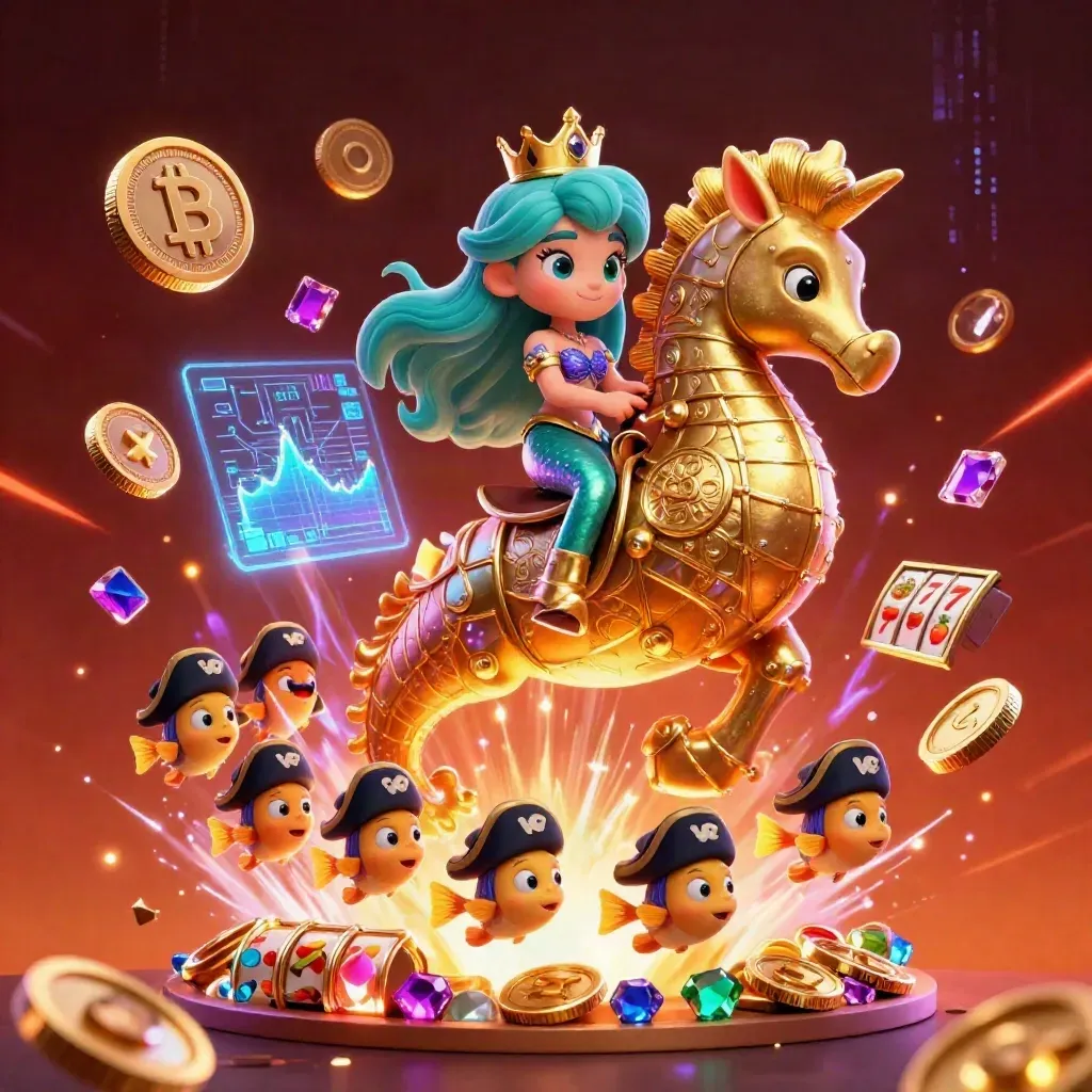 Mermaid princess on a golden seahorse amid neon coins, fish pirates, and twilight casino energy.