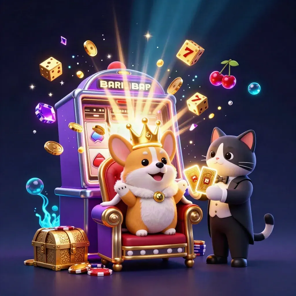 Royal corgi and cat butler amid a jackpot burst of gold, gems, and violet casino glow