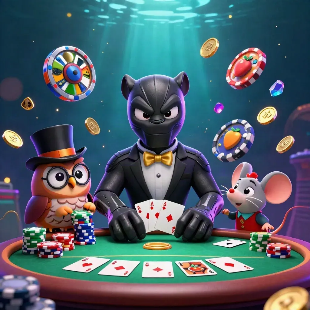Panther, owl, and mouse gamble around a glowing casino table amid chips, cards, and gem bursts.