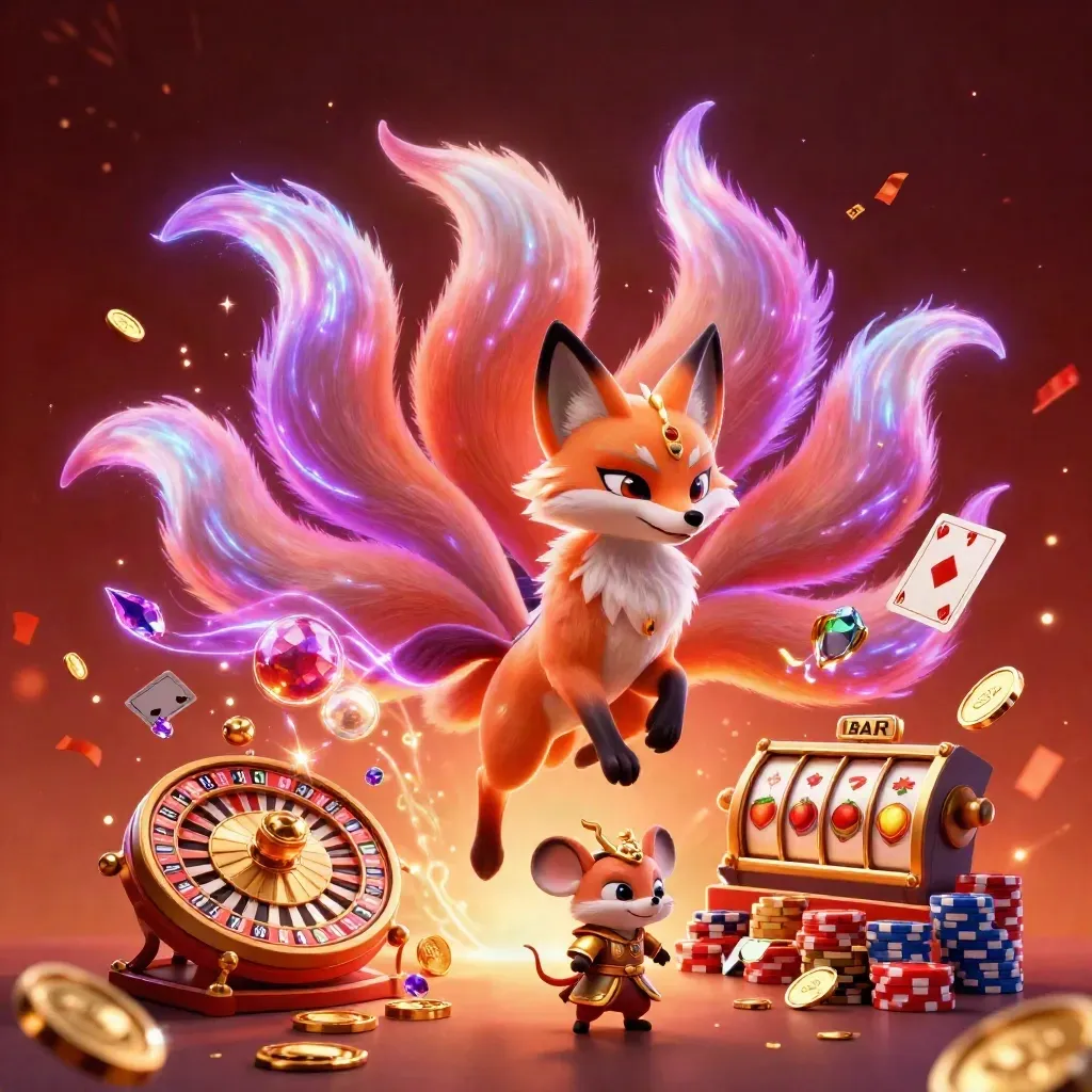 Neon fox spirit and samurai mouse amid casino gold bursts, chips, cards, and glowing effects.