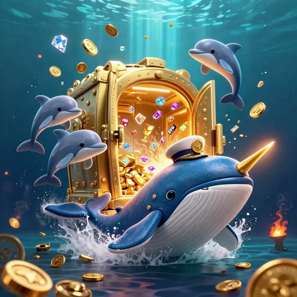 Whale captain, narwhal, and dolphins burst from a treasure vault underwater with coins and gems
