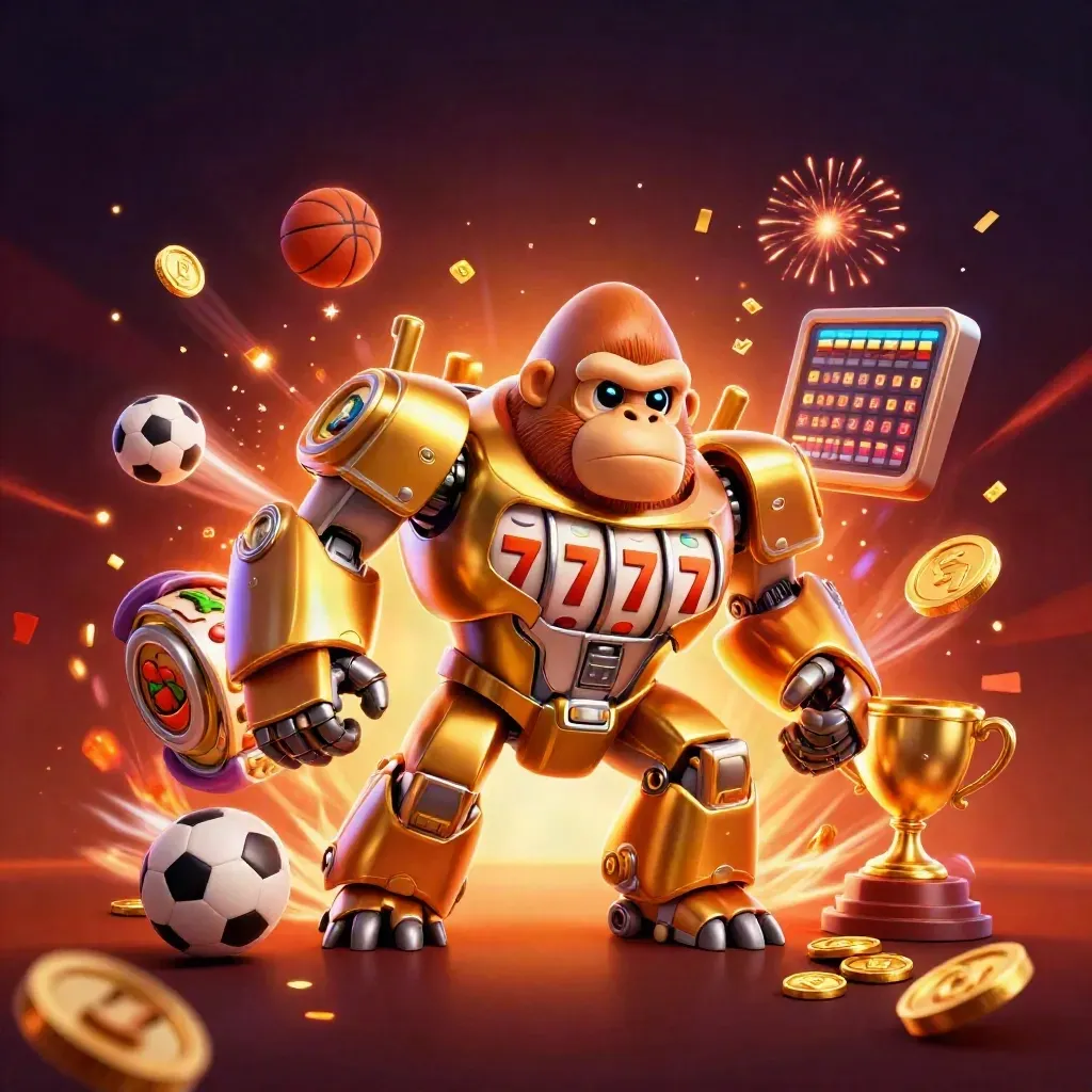 Golden gorilla mech with monkey pilot amid coins, fireworks, and sports balls in a casino blaze.
