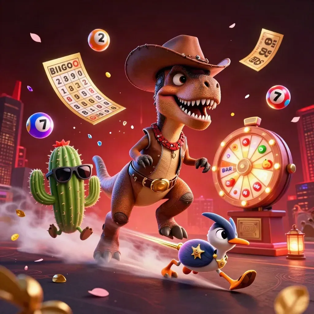 Cowboy T-Rex, cactus sidekick, and roadrunner amid casino bursts and neon treasure
