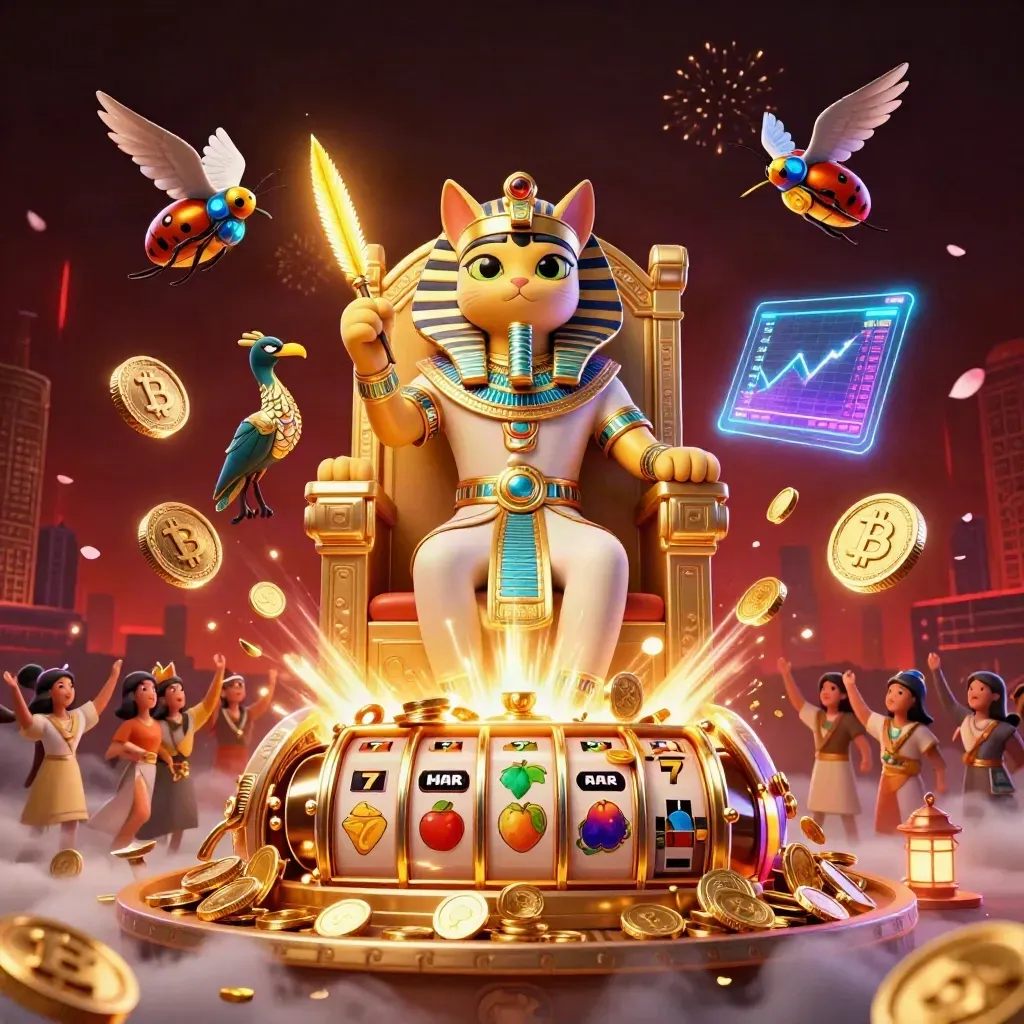 Pharaoh cat throne scene with coin burst, ibis scribe, scarabs, neon casino effects