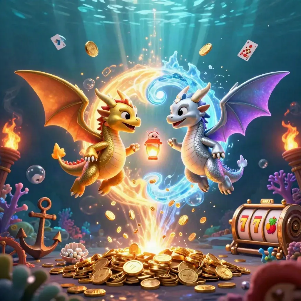 Twin gold and silver dragons form a fiery yin-yang above neon treasure in an underwater casino cove