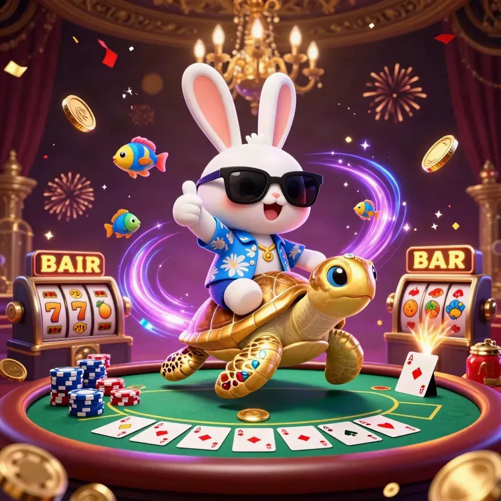 Lucky rabbit rides a golden turtle amid casino cards, chips, coins, fireworks, and glittering treasure.