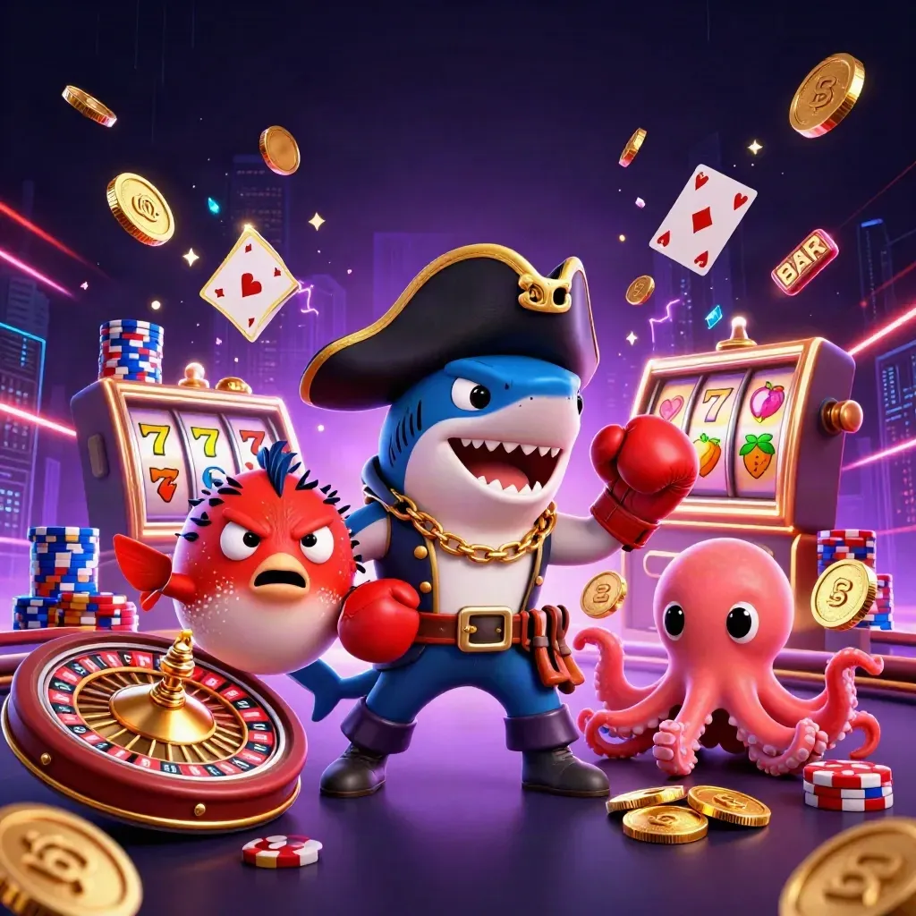 Pirate shark, boxing pufferfish, and coin-juggling octopus amid vault coins, reels, and neon sparks.