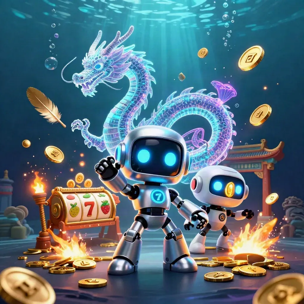 Chrome robot, holographic dragon, and coin drone in an underwater casino relic scene