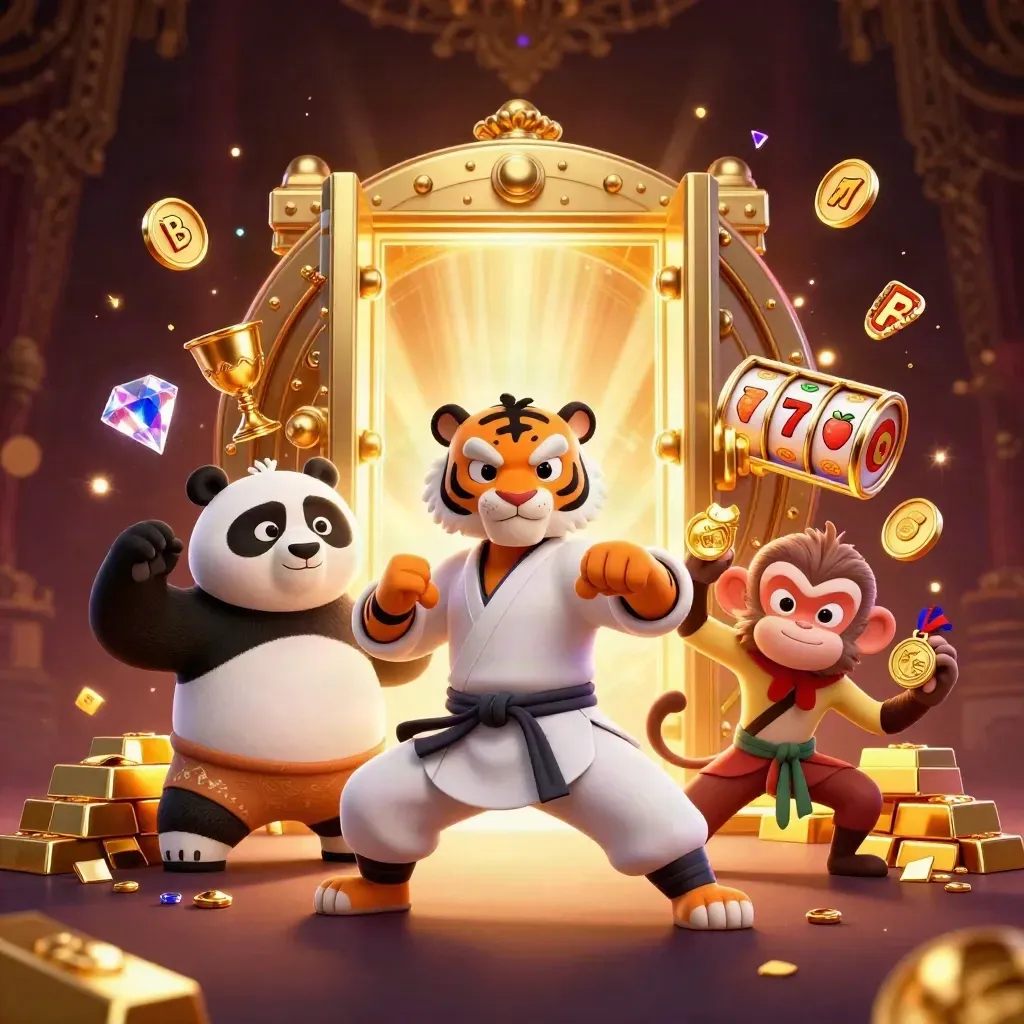 Kung-fu tiger, panda, and monkey burst from a glowing vault in violet-gold casino fantasy