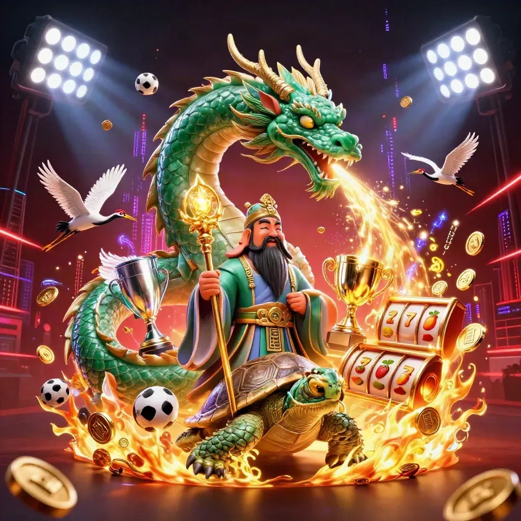 Emerald dragon, turtle sage, and cranes amid casino and sports icons in neon light.