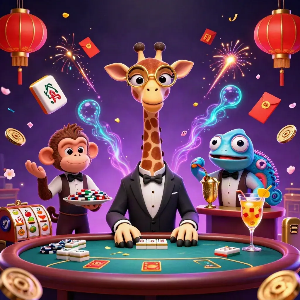 Giraffe, monkey, and chameleon at a glowing VIP poker table amid casino magic.