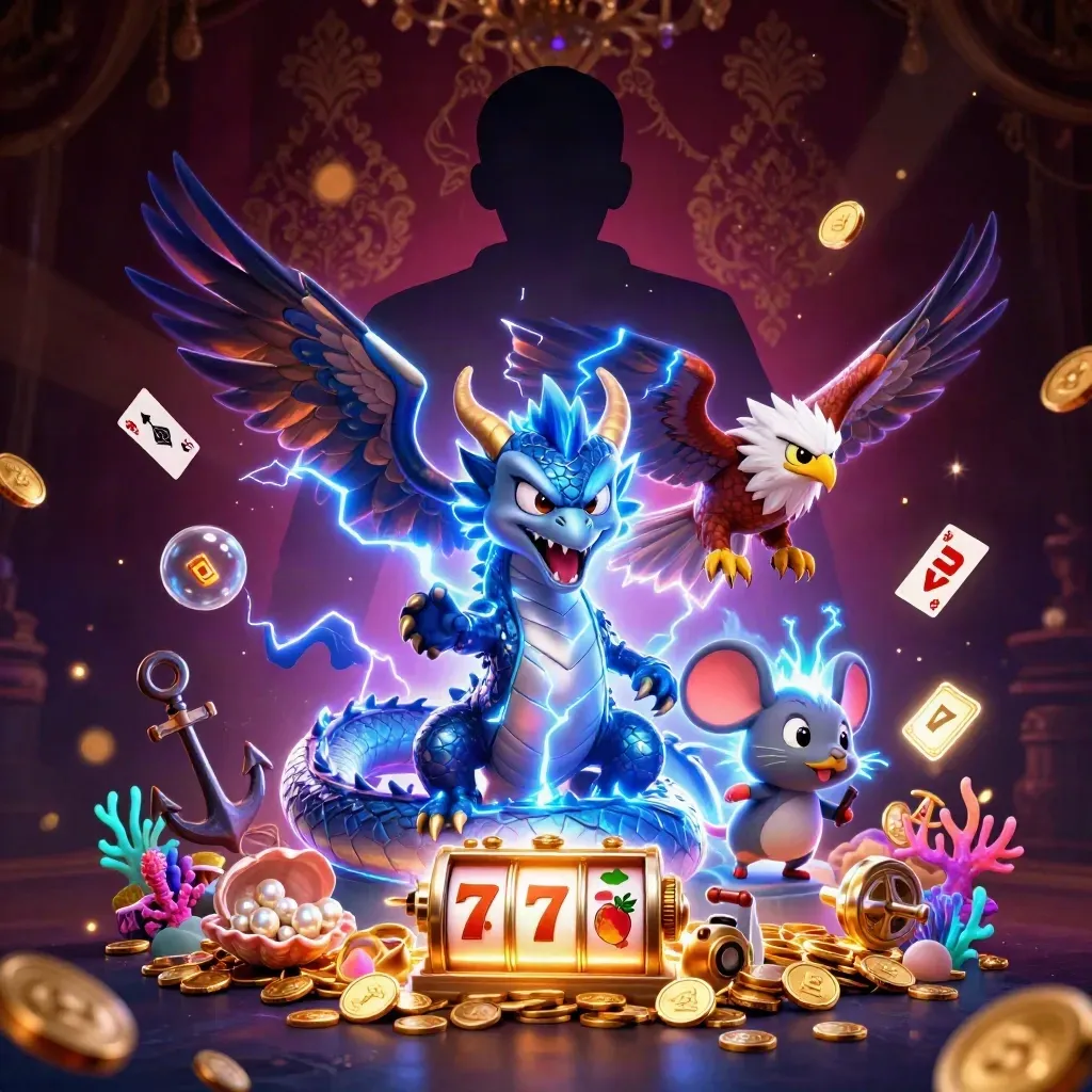 Thunder dragon, wind hawk, and crackling mouse over treasure cove casino relics.