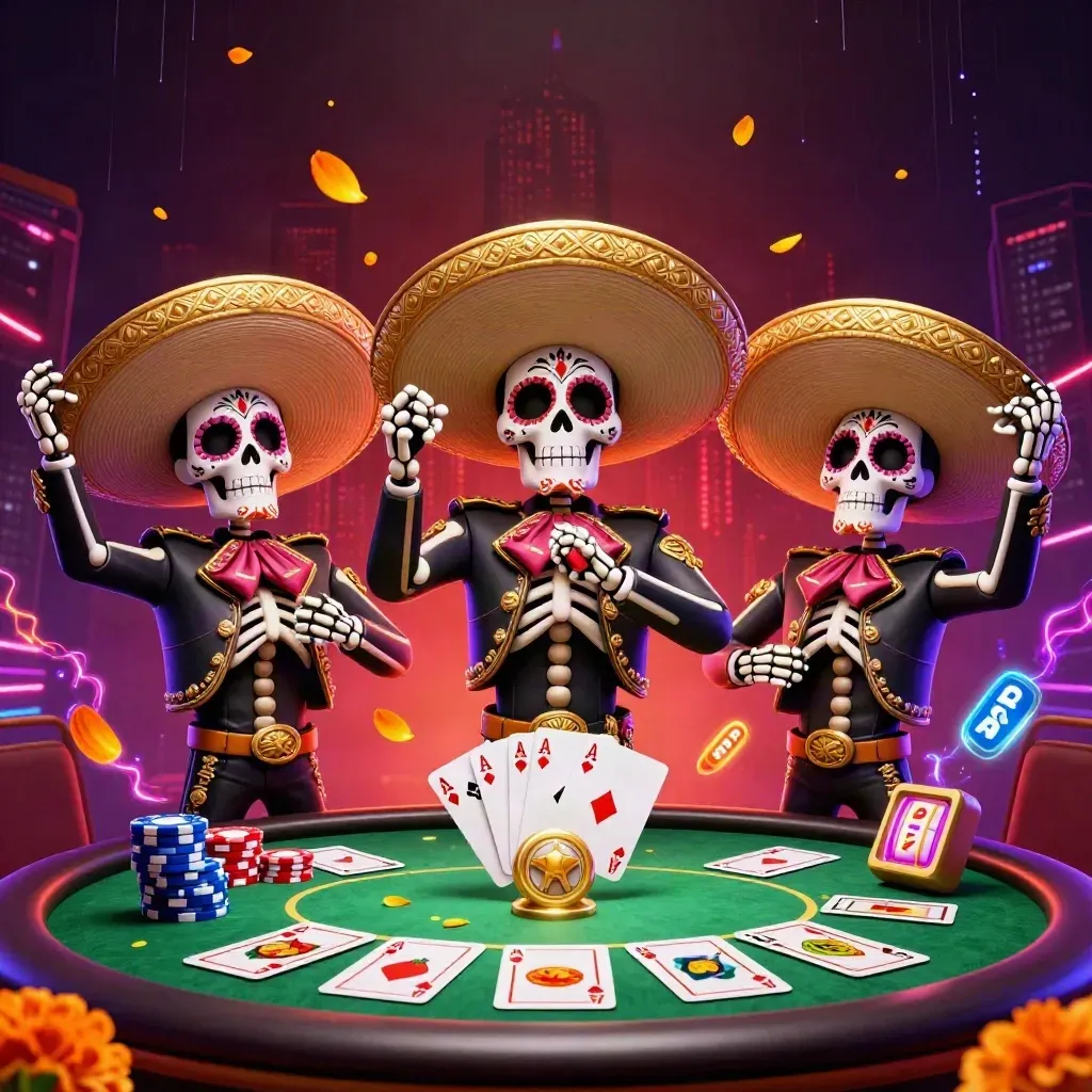 Three mariachi skeletons amid chips, aces, slot reels, and neon twilight casino energy.