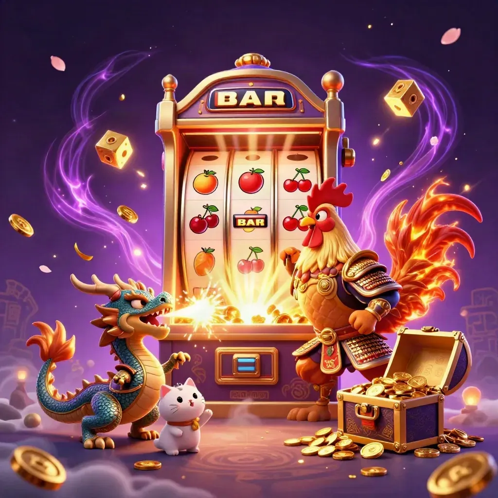 Rooster warrior, dragon hatchling and fortune-cat amid a bursting slot machine and gold sparks.
