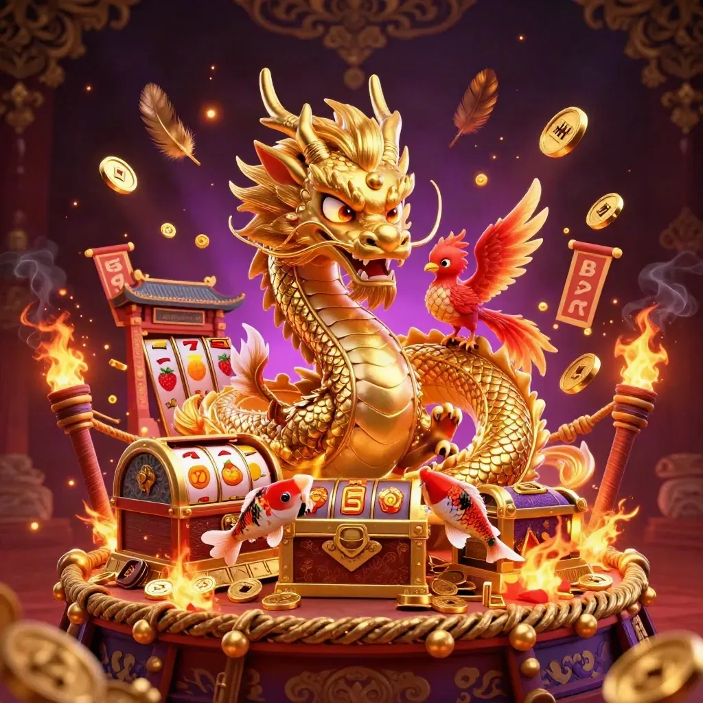 Golden dragon with phoenix, koi, coins, reels, and neon casino glow.