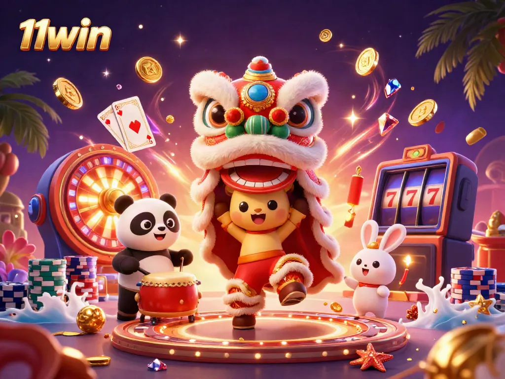 Experience thrilling gameplay with 11win's dynamic casino scene featuring a lion dance and festive elements.