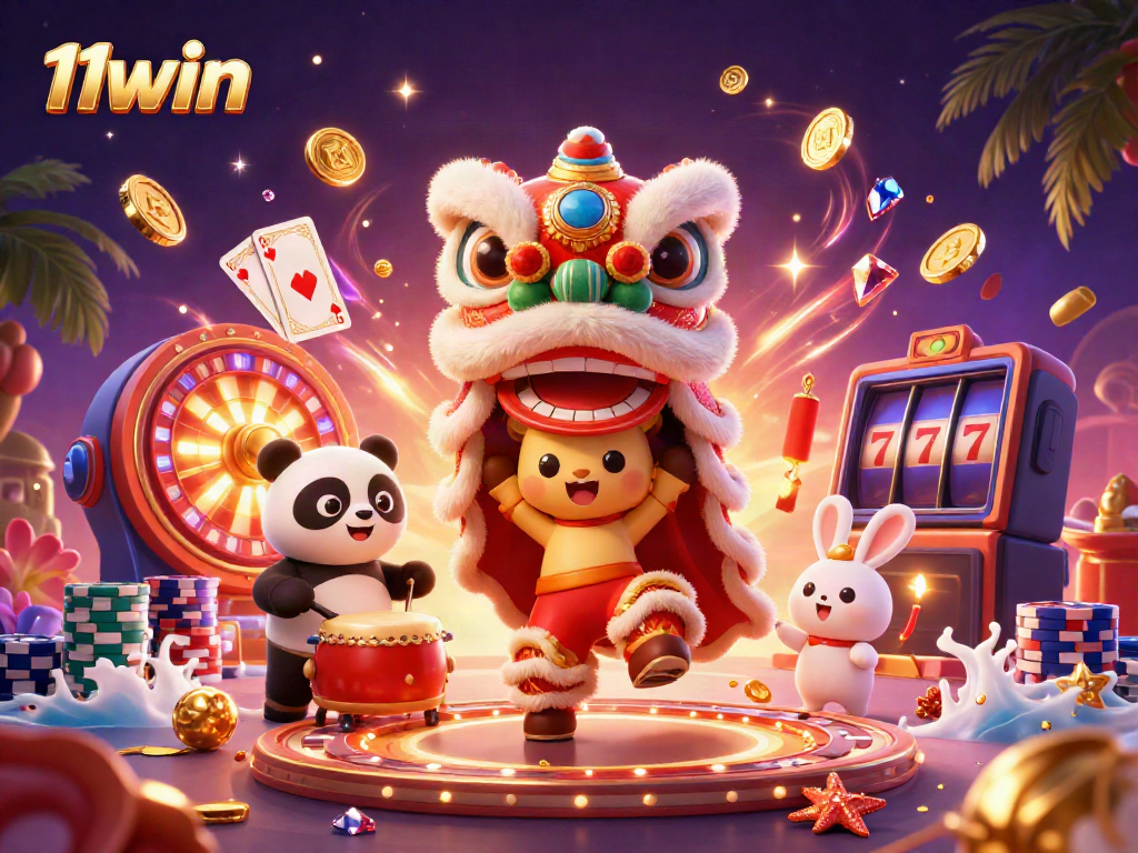 Experience thrilling gameplay with 11win's dynamic casino scene featuring a lion dance and festive elements.