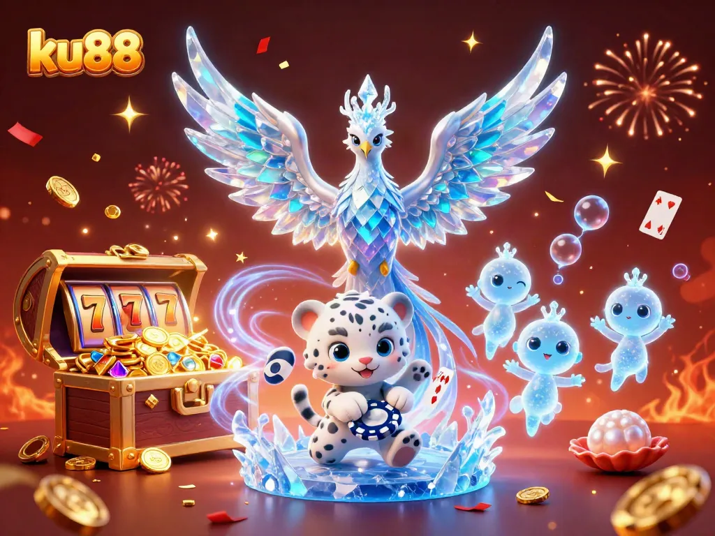 Engage in thrilling games at ku88 with an enchanting scene of an ice phoenix, poker chips, and fireworks.
