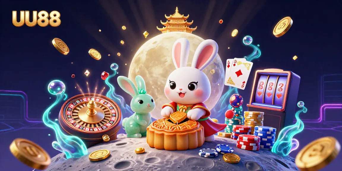 Experience the thrilling world of UU88, featuring a moon rabbit and casino elements amidst a vibrant, dynamic scene.