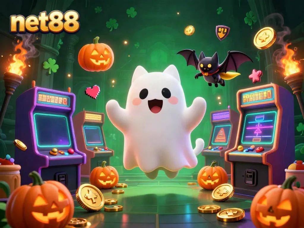 Experience thrilling gaming at net88 with a friendly ghost cat and a vampire bat in a haunted casino setting.