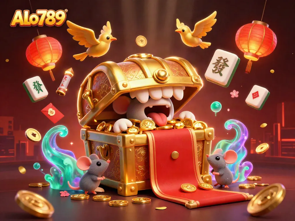 Engage with ALo789's vibrant gambling scene featuring a golden treasure chest and celebratory elements.