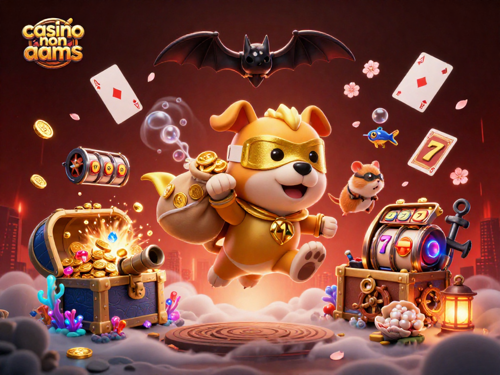 Immagine di un cane supereroe che vola con monete d'oro, in un gioco di casino non AAMS.