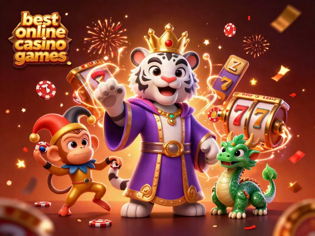 Experience the best online casino games through a vibrant, dynamic scene with charming characters and casino elements.