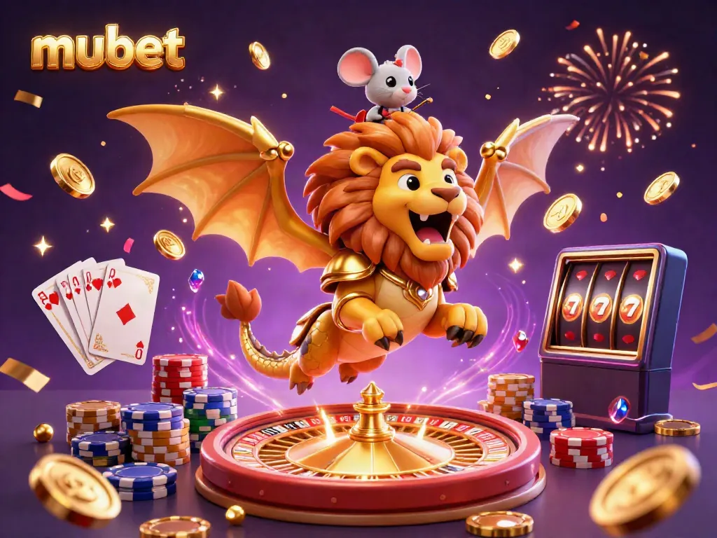 Mubet casino players enjoying wins with a chimera mascot celebrating jackpots and games.