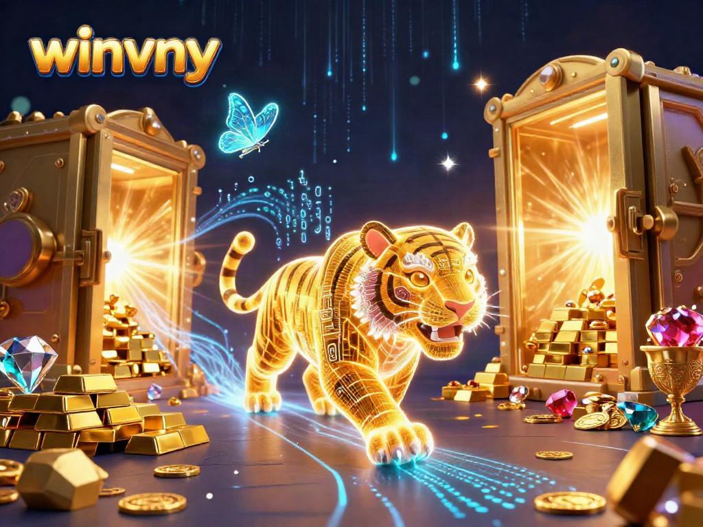 Join the immersive experience at winvny with a captivating digital casino scene featuring a golden tiger and treasures.