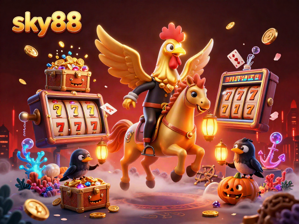 Experience the thrill at sky88 with a golden rooster and casino treasures in a vibrant 3D illustration.