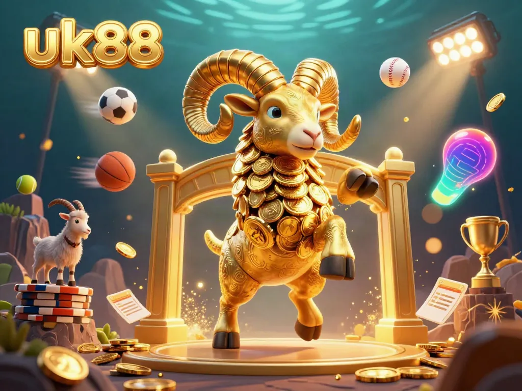 Bet on uk88 as a golden ram charges through a dynamic casino scene, surrounded by various sports elements.