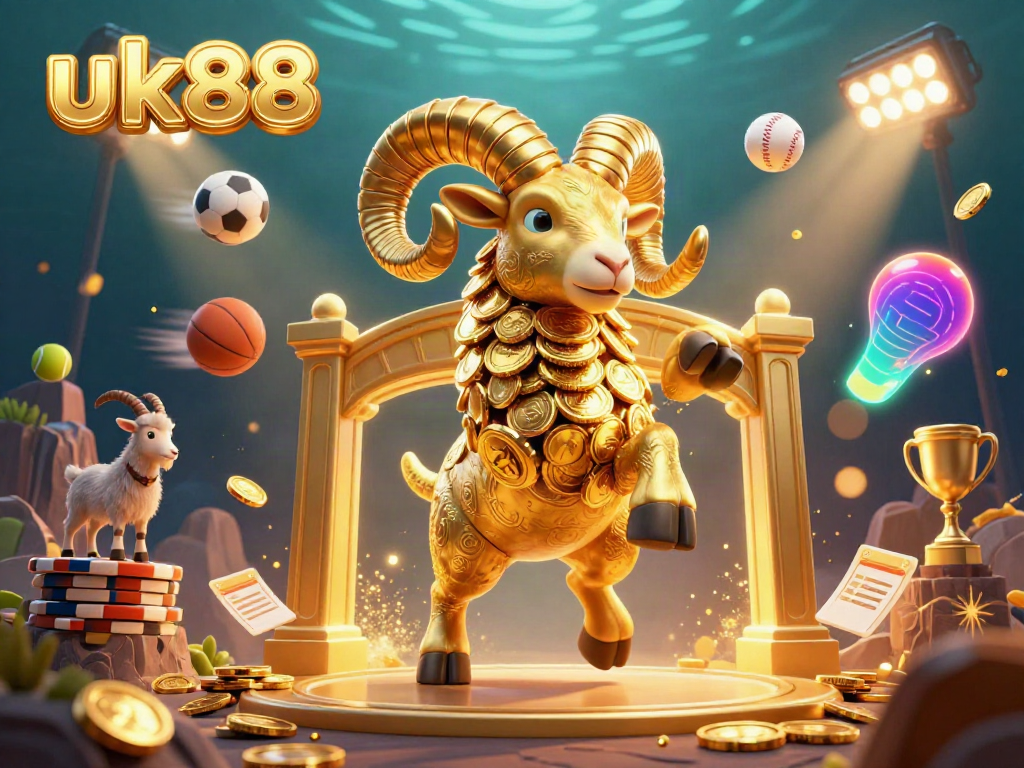 Bet on uk88 as a golden ram charges through a dynamic casino scene, surrounded by various sports elements.