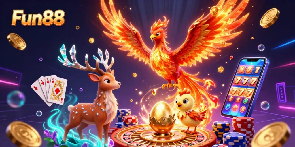 Experience thrilling gaming adventures with Fun88 featuring vibrant phoenixes and dazzling casino elements.