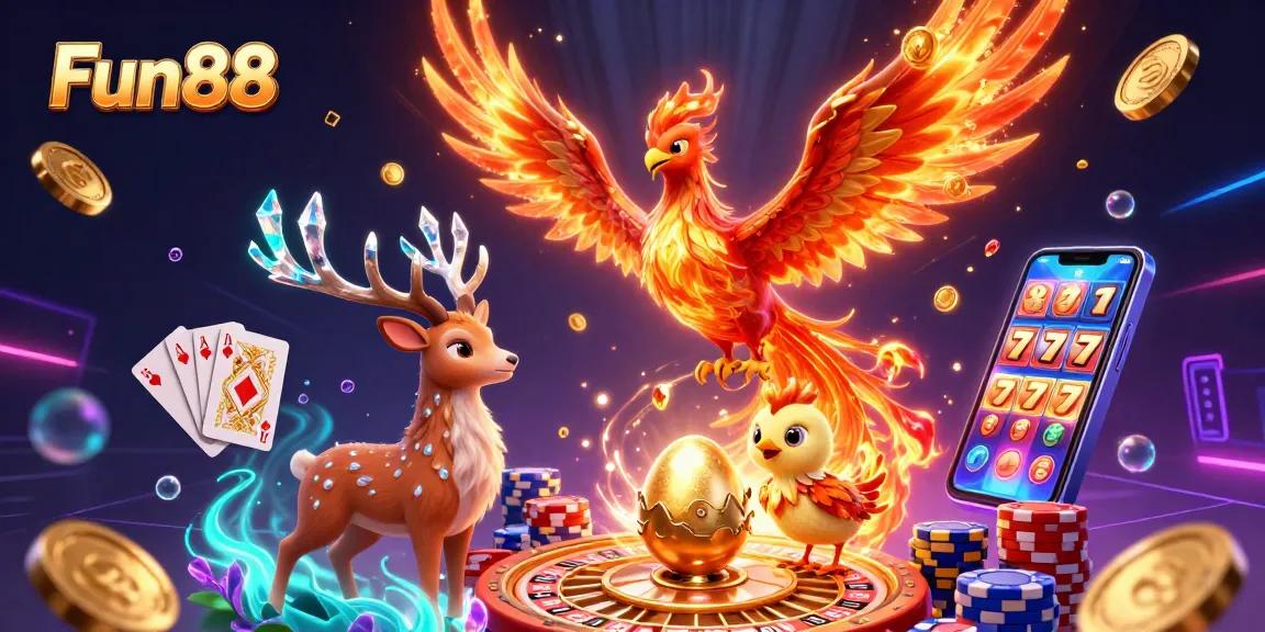Experience thrilling gaming adventures with Fun88 featuring vibrant phoenixes and dazzling casino elements.