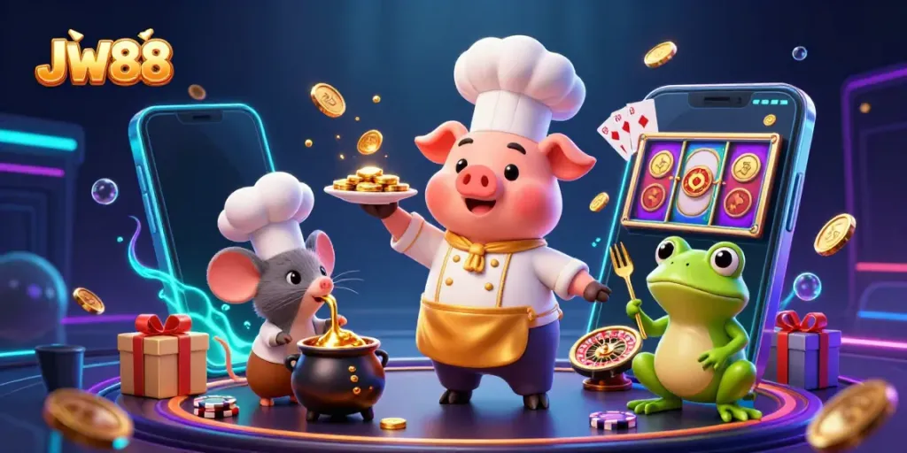 Experience fun at JW88 as a cartoon pig chef serves gold coins amidst colorful slot games and dynamic casino elements.