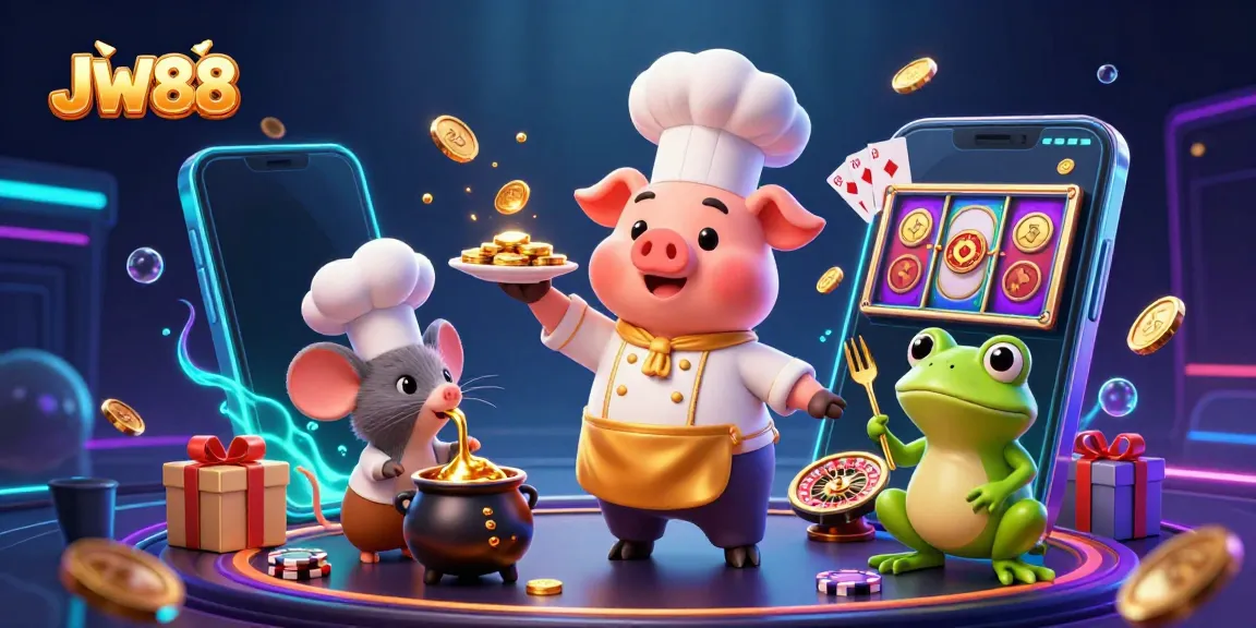 Experience fun at JW88 as a cartoon pig chef serves gold coins amidst colorful slot games and dynamic casino elements.
