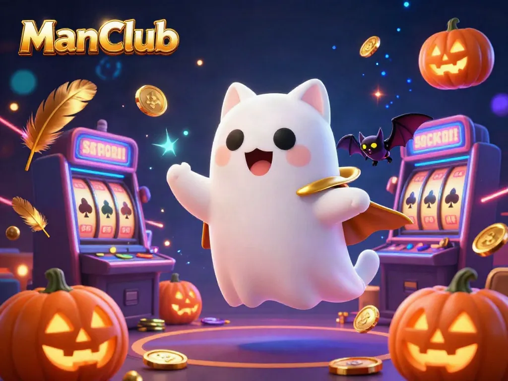Experience the thrill of betting with ManClub's lively casino scene featuring a ghost cat and a vampire bat.