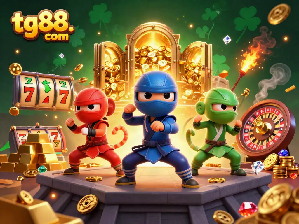 Engaging scene from tg88.com with ninja chameleons navigating thrilling slots and roulette action.