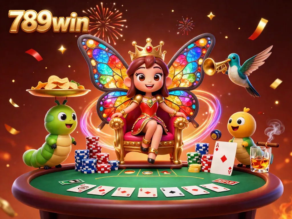 Experience thrilling poker action with vibrant butterfly queen and bustling casino atmosphere at 789win.