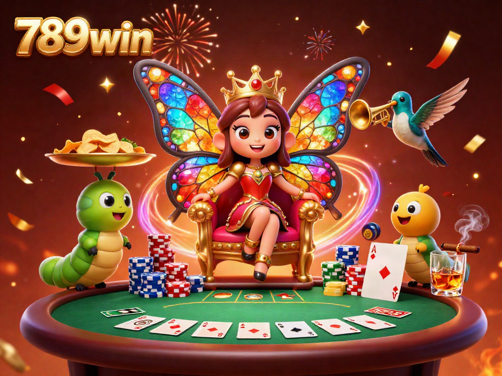 Experience thrilling poker action with vibrant butterfly queen and bustling casino atmosphere at 789win.