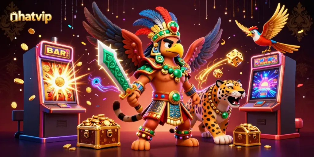 Nhatvip slots and games poster featuring an Aztec warrior and jackpot explosion.