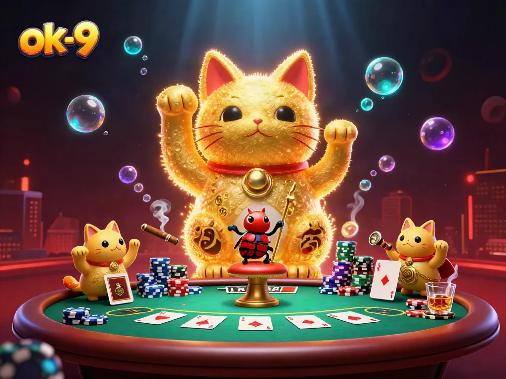Experience the excitement of ok-9 with a dynamic scene featuring a lucky cat and vibrant poker elements.