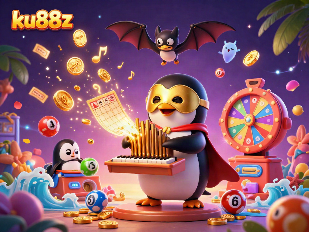 ku88z penguin playing organ shooting golden coins with lottery elements in vibrant 3D scene.