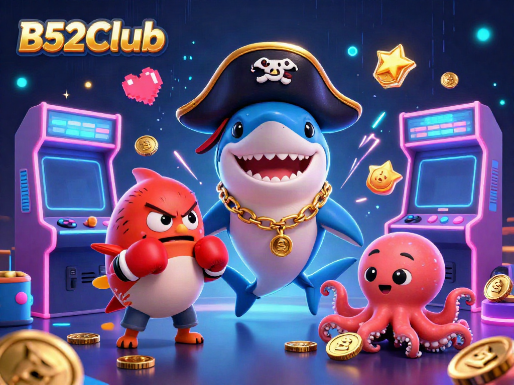 Win big at B52Club with a vibrant 3D gaming scene featuring a pirate shark and treasure!