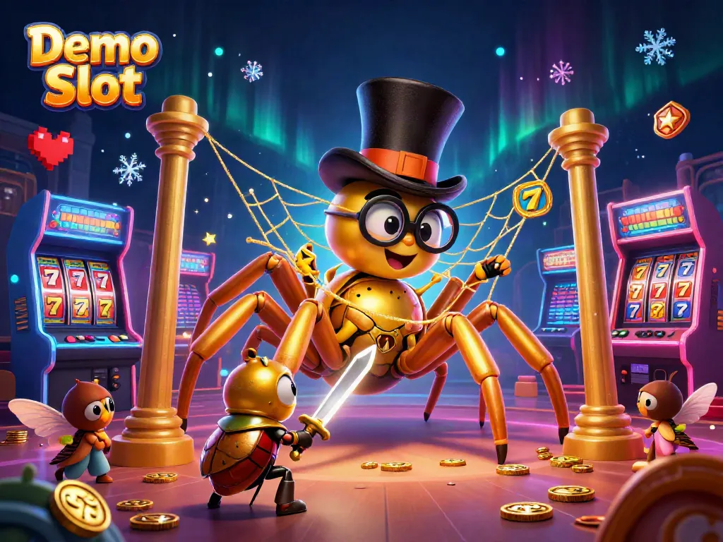 Engage with Demo Slot featuring a golden tarantula and beetle knight in an enchanting casino scene.