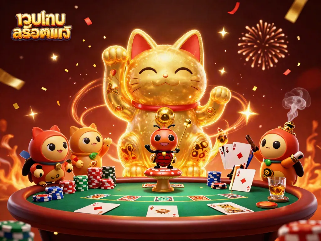 Experience the excitement of เว็บเกมสล็อตแท้ with a vibrant, animated scene of a lucky cat formed by golden fireflies amidst a casino setting.
