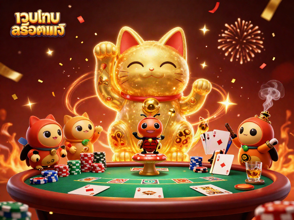 Experience the excitement of เว็บเกมสล็อตแท้ with a vibrant, animated scene of a lucky cat formed by golden fireflies amidst a casino setting.