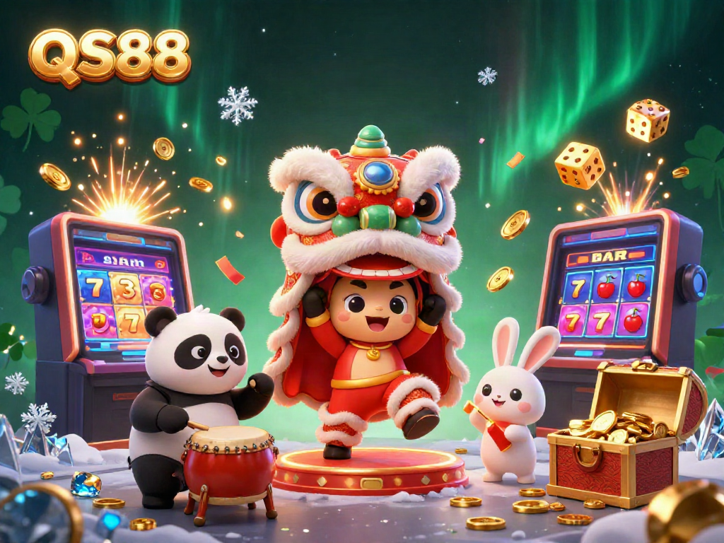 Experience the excitement of QS88 with a dynamic lion dance and jackpot explosions in a vibrant casino scene.